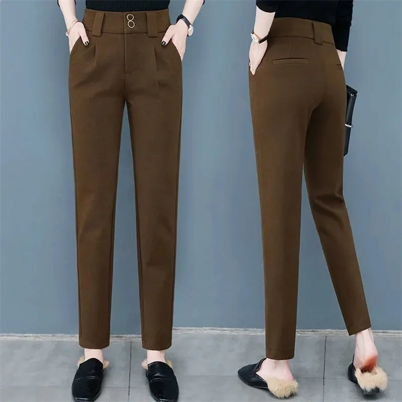 Autumn Winter Casual Woolen Suit Pants Women 2024 New High Waist Straight Tube Smoke Pipe Pants Female Harlan Small Feet Pants