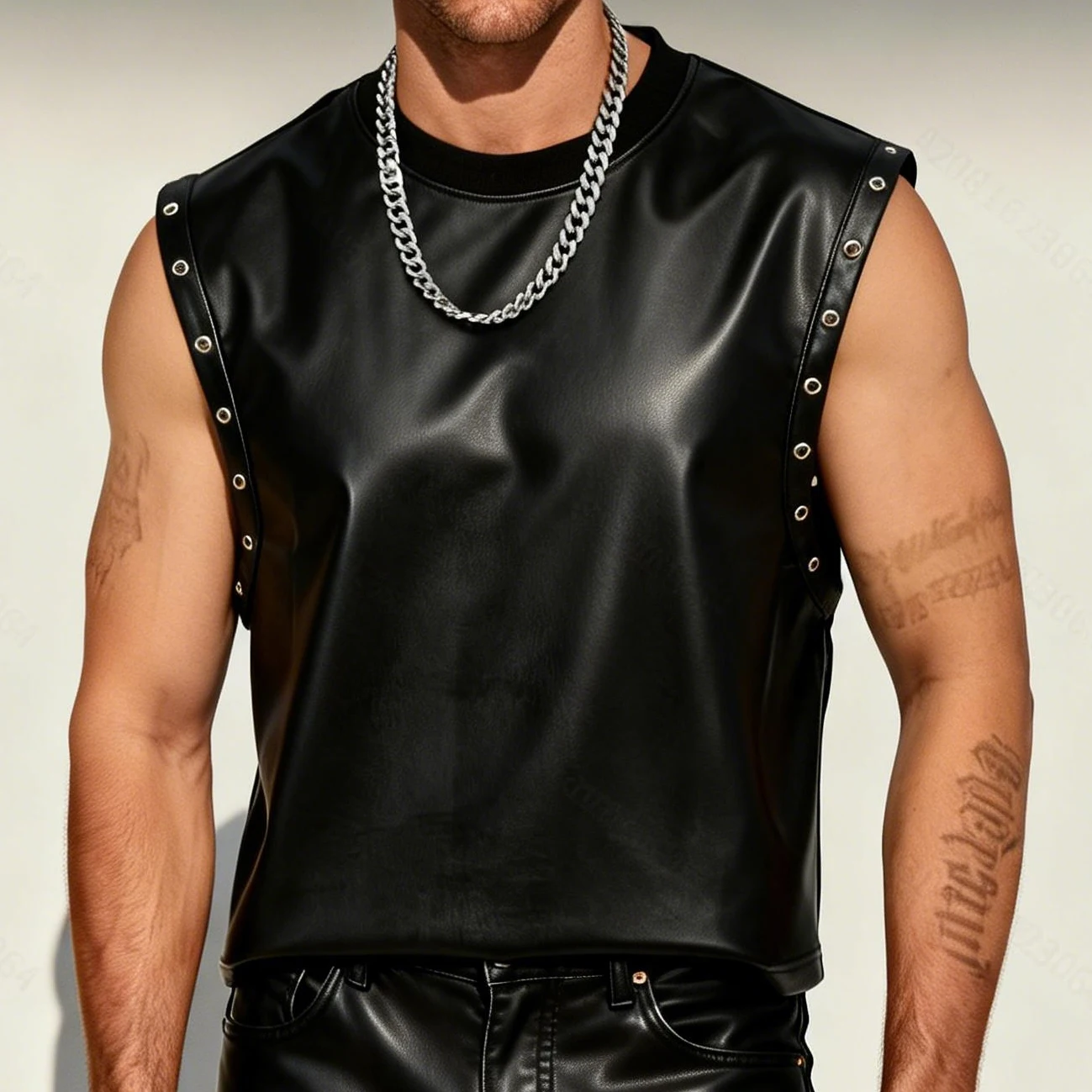 Muscular Men's Leather Tank Tops Fashion PU Leather T-Shirts Hot Gay's Vest Streetwear Superior Quality