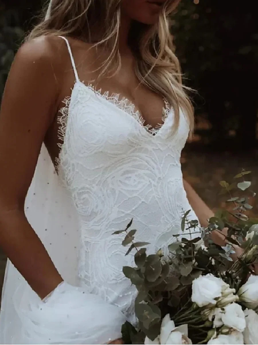 Abito da sposa a sirena in pizzo senza schienale con spalline sottili Appliques abito da sposa Boho Country