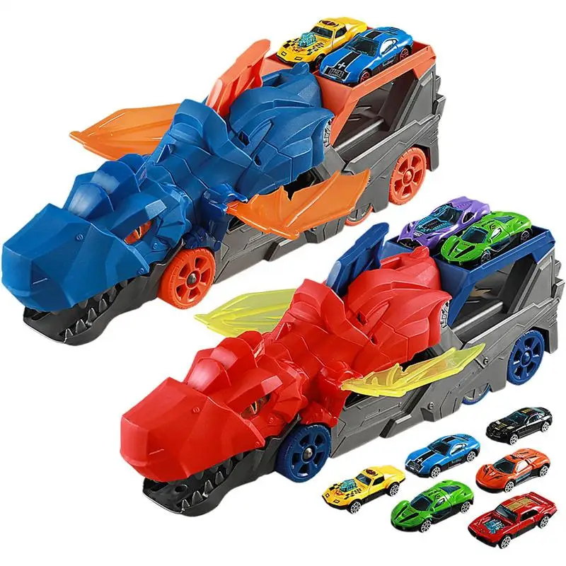 Dinosaur Transport Truck Inertial Sliding Transport Dinosaur Truck Funny Dino Truck Toy With 6 Racing Vehicles For Over 3 Years