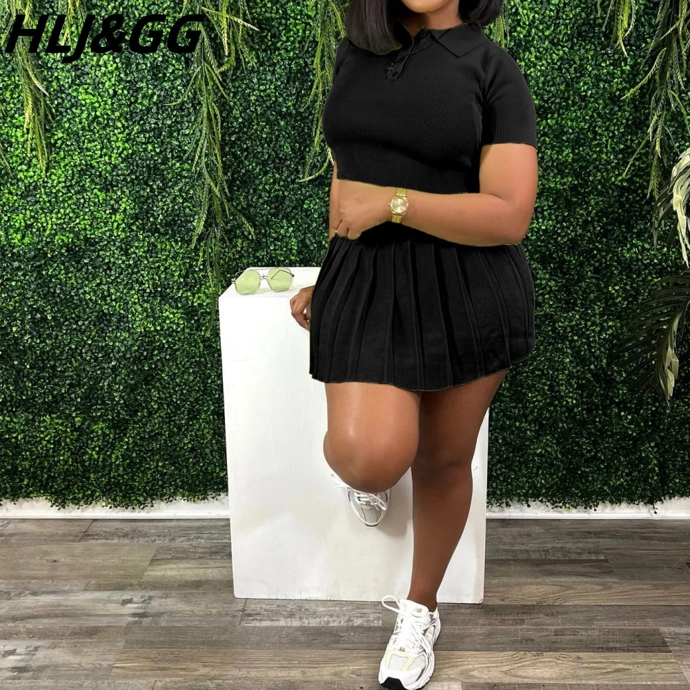 HLJ&GG Green Casual Knitting Pleated Mini Skirts Two Piece Sets Women V Neck Short Sleeve Slim Top And Skirts Outfits Clothing