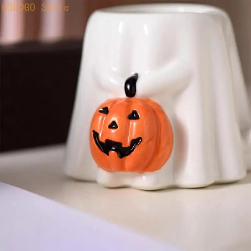 Specter Figure Coffee Cup in Ceramic with Side Handle, Gourd Character Detail, and Removable Pointed Hat Top and Cover D0LD