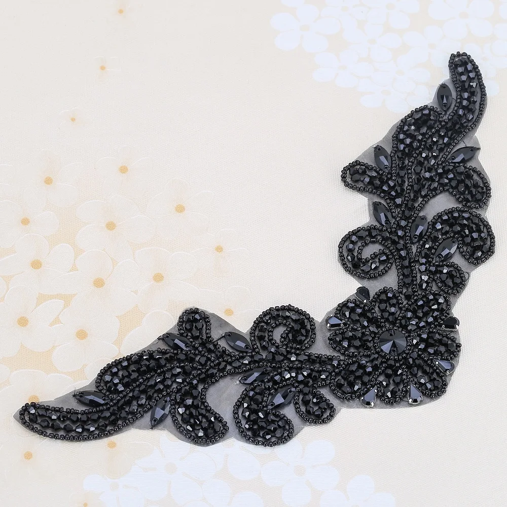 FZD 1 PC Black Crystal Rhinestone Applique Welding Flower Patch Sew on Wedding Dress Sleeves Accessories Rhinestone Applique DIY