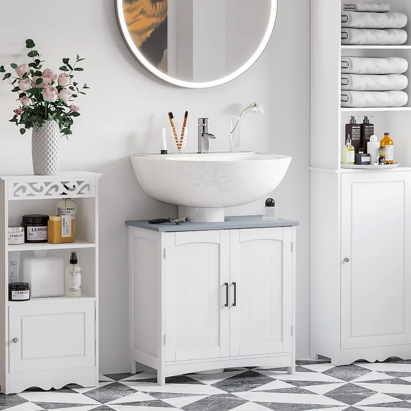 Mueble de baño bajo lavabo con puertas dobles y estantes ajustables, blanco