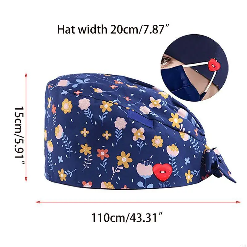 N5KE Doctor enfermera gorro exfoliante con botón corazón soporte para máscara gorro bouffant dibujos animados