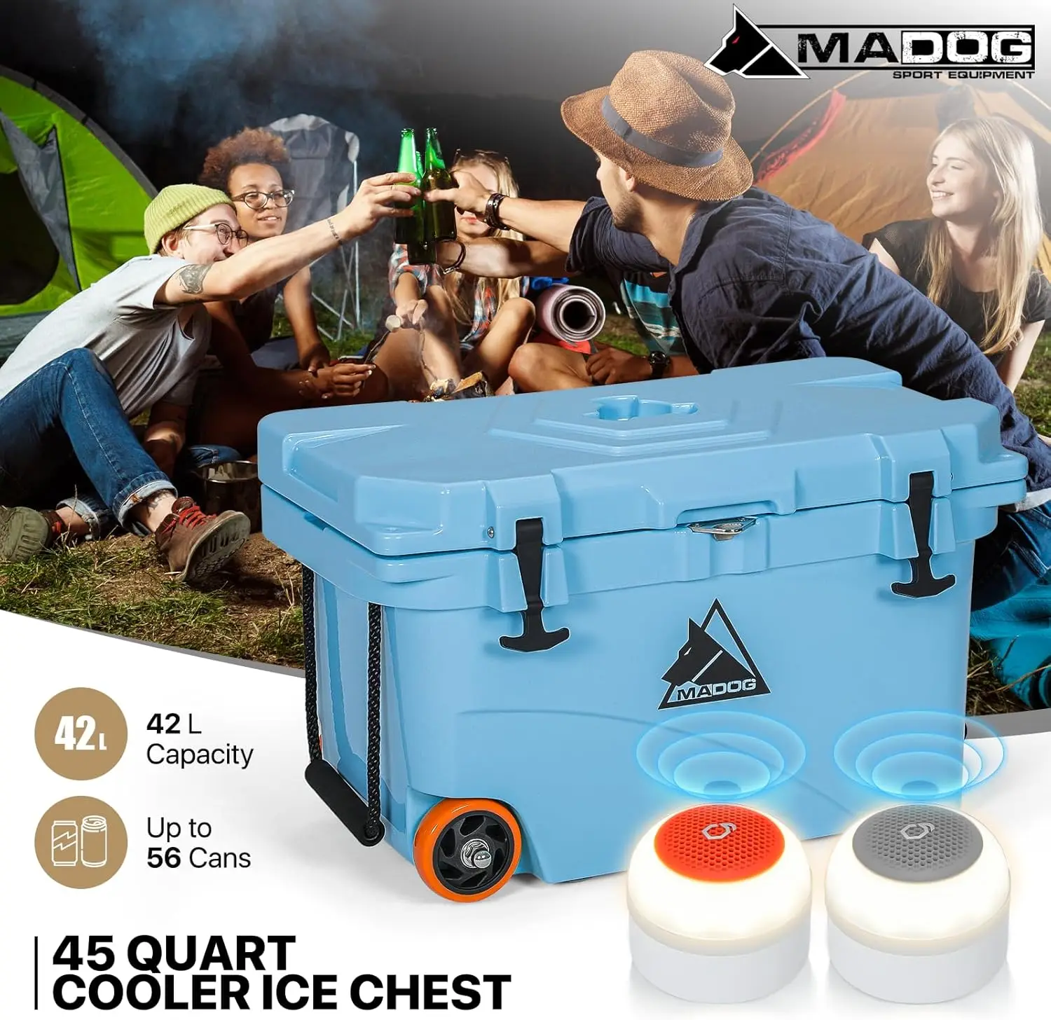 Cooler with Wheels, Leak-Proof Rolling Beach Cooler with LED Light Bluetooth Speaker, LLDPE Wheeled Coolers, Ideal Portable