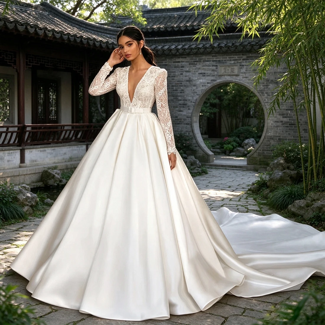Alonlivn Custom Made High-end Satin Backless Bride Gowns Vestido de Noiva Deep V-Neck A-Line Full Sleeves Wedding Dress