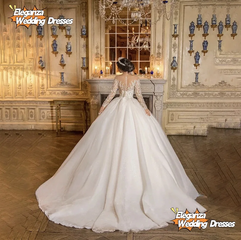 Customized Exquisite Wedding Dress Sheer Scoop Neck Lace Beaded Applique Illusion Long Sleeve Bride Dresses Vestidos De Noiva