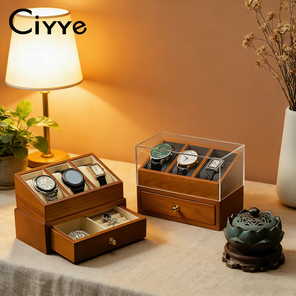 Ciyye Wooden Watch Storage Box Double-layer Jewelry Organizer 3 Grids Watch Stand Desktop Multi-functional Jewelry Storage Prop