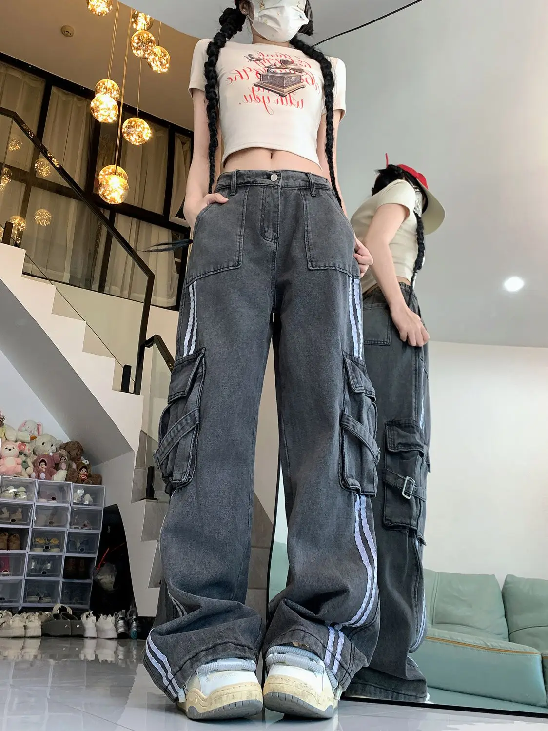 Calça de vaqueiro azul vintage feminina, macacão de bolsos múltiplos, calça jeans larga, cintura alta, Harajuku, Y2K