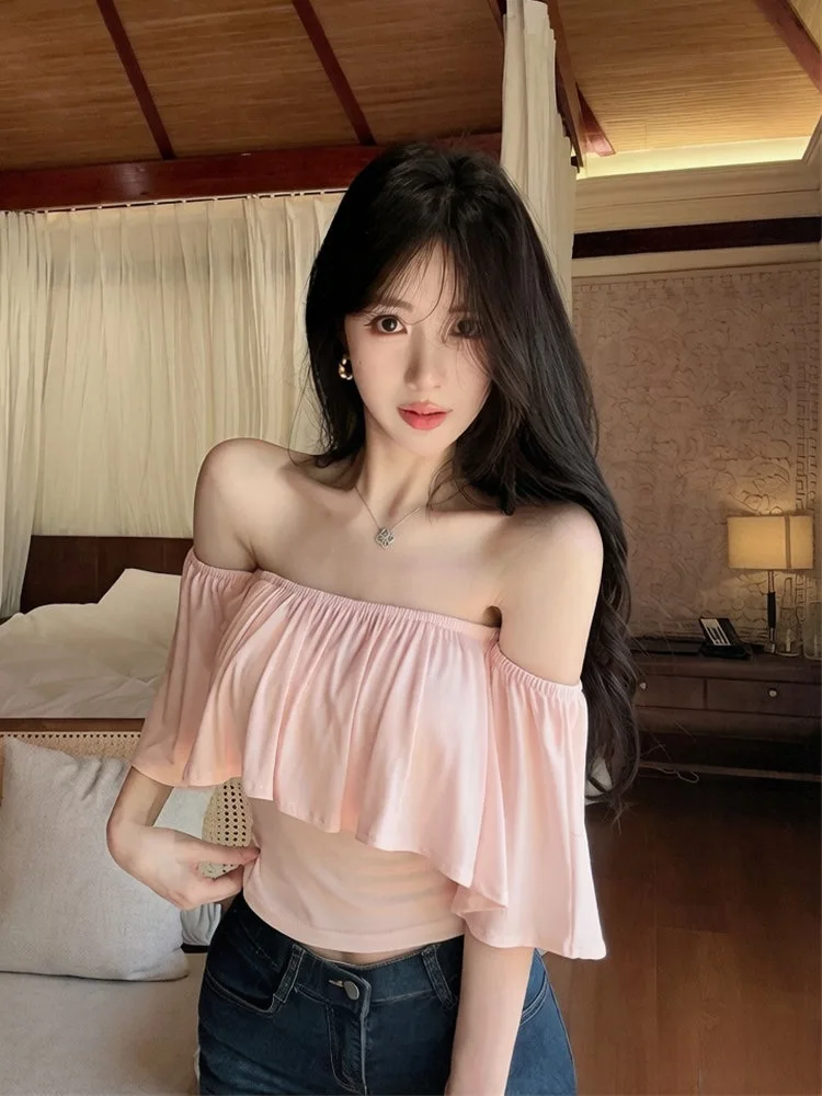 

Sexy Shoulder Bared Short Sleeve T Shirt Women's Summer Pure Desire Spicy Girl Beautiful Lace One Shoulder Top
