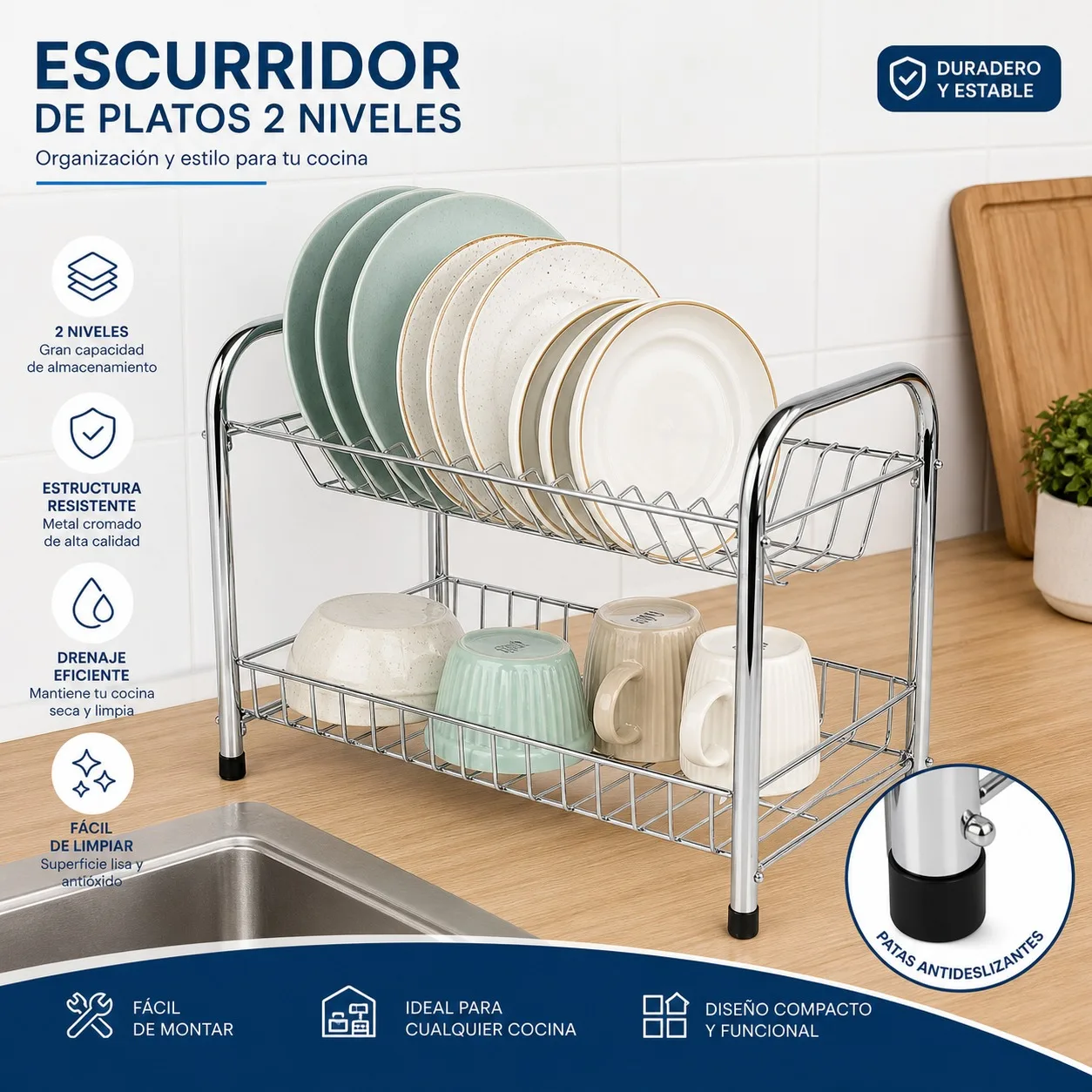 Étagère à vaisselle à 2 niveaux en fer chromé, organisateur de cuisine et de salle de bain, 39,5x24x27,5 cm, étagère polyvalente durable avec pieds antidérapants et drainage efficace, argent