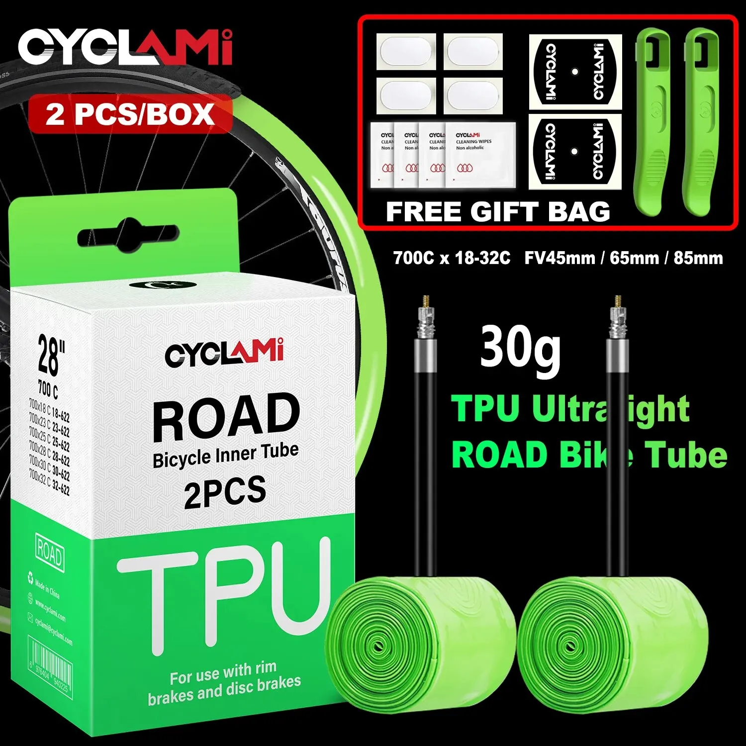 CYCLAMI Ultralight 30g Bicycle Inner Tube Road Bike Bicycle TPU Inner Tire 45mm 65mm 85mm French Valve Super Light Tube