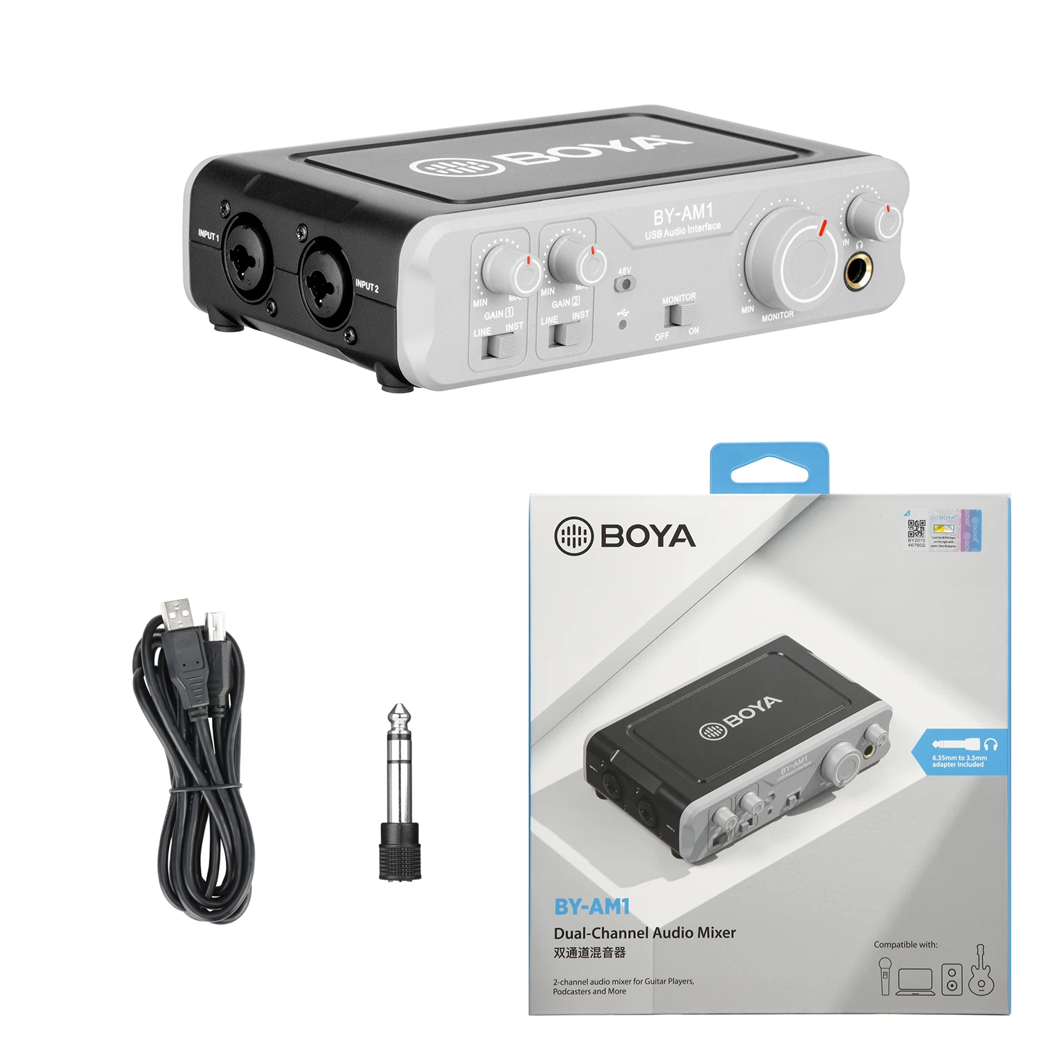 BOYA BY-AM1 Dual-Channel Audio Mixer for Dynamic Condenser Microphone PC Computers Laptops Speaker XLR Microphones Instrument