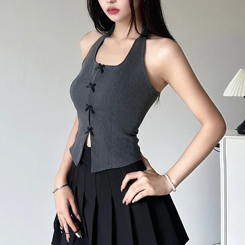 Grunge y2k Grey Sleeveless Slim Split Vest Women Bow Stitched Halter Tank Top Chic Fashion Crop Tops 90s Vintage Clothes