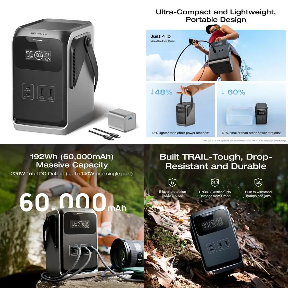 

Портативная электростанция постоянного тока Trail 200 с зарядным устройством USB-C мощностью 30 Вт, аккумулятором lifepo4 192 Втч, возможность зарядки солнечной энергии, выход 220 Вт постоянного тока, co