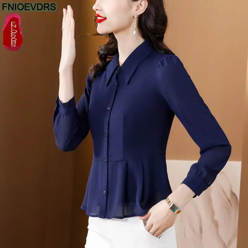 Office Lady Shirts 2023 Fall Autumn Basic Wear Work Women French Design Long Sleeve Button Shirt Ruffles Peplum Tops Blouses