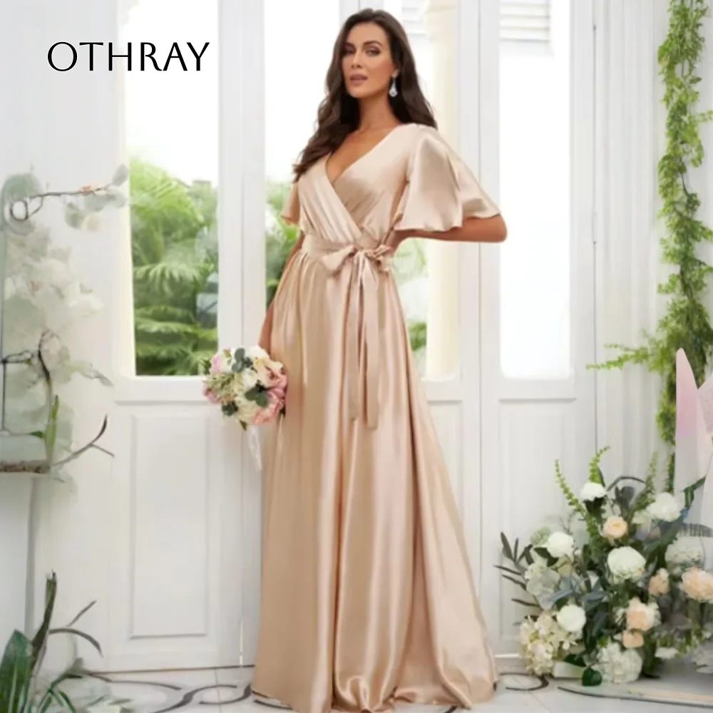 

Othray Guest Gowns with Sleeve Slit for Women V Neck Bridesmaid Dresses Simple Long Satin Wedding