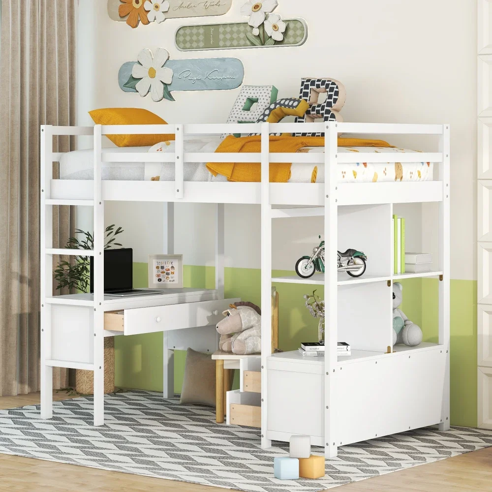 Children Beds Full Size Loft Bed with Built Desk with Two Drawers,Storage Shelves and Drawers,Gray Bunk Beds for Kids Twin Beds