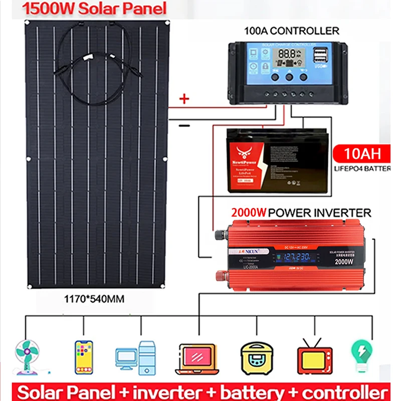 1500W 3000W Solar Panel System For Home/Ship Complete Kit With 100A Controller 110V 220V 2000W Inverter10Ah 30Ah LFP Battery