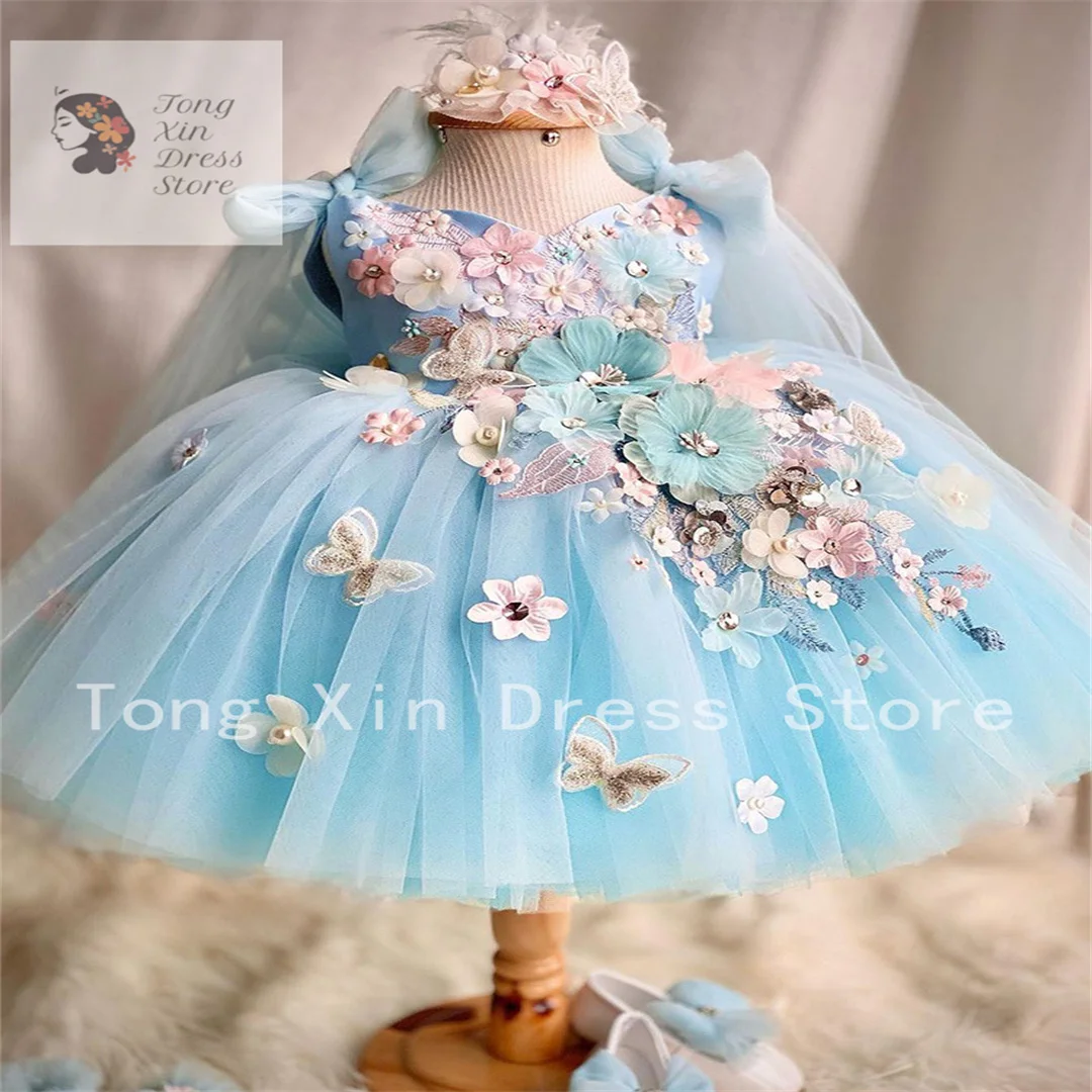 

Flower Girl Dresses For Wedding Pearls 3D Appliqued Backless Toddler Pageant Gowns Knee Length Ball Gown Kids Birthday Dress