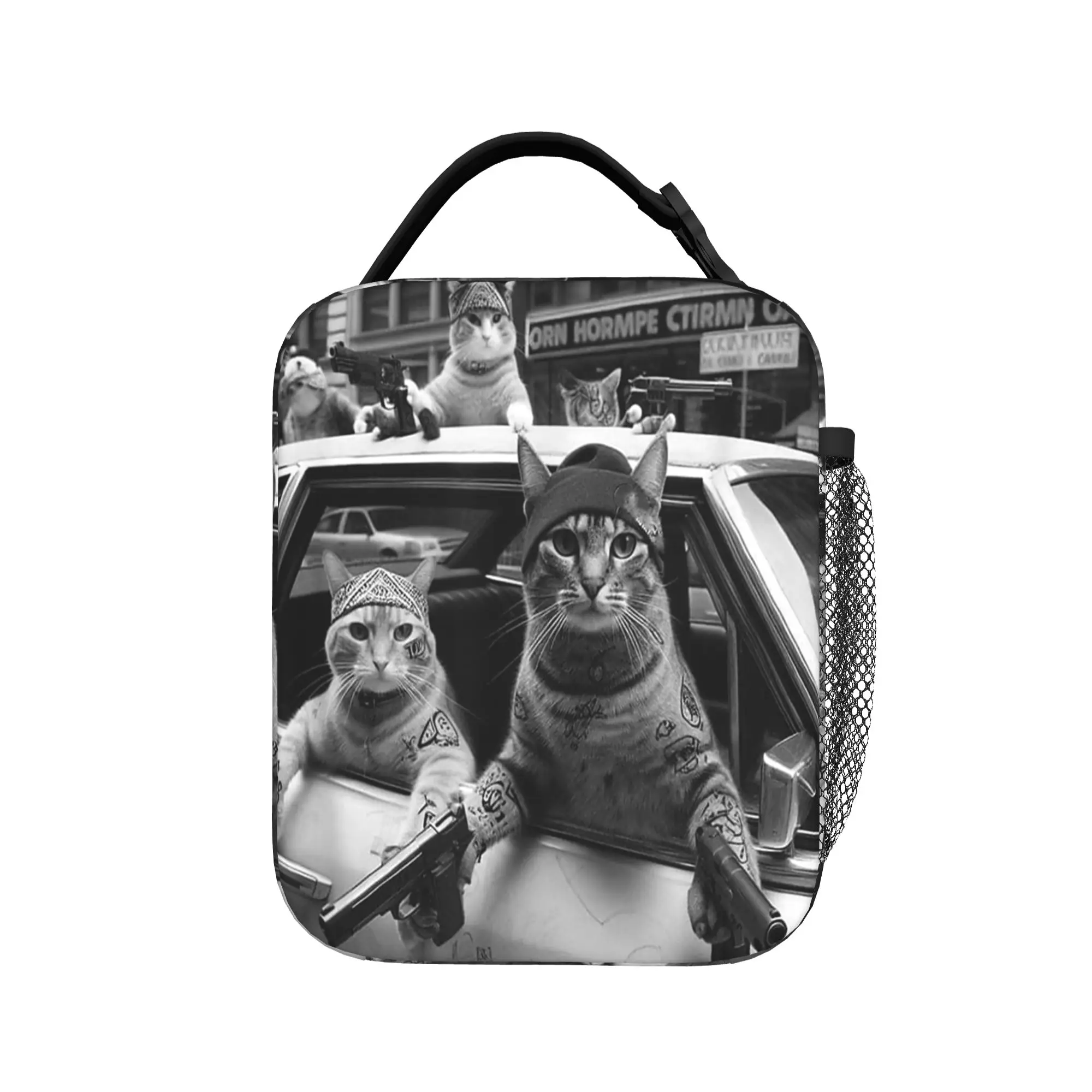 Funny Gangster Cats Lunch Bag  Portable Insulated Lunch Box Men School Print Cooler Bag Fun Oxford Thermal Tote Handbags