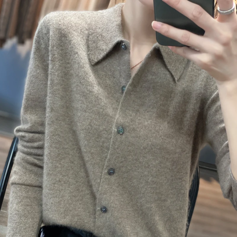 Women's Spring 100% Pure Wool Luxury Lapel Cardigan French Casual Stand Collar Knitted Sweater 2023 Solid Color Office Jacke