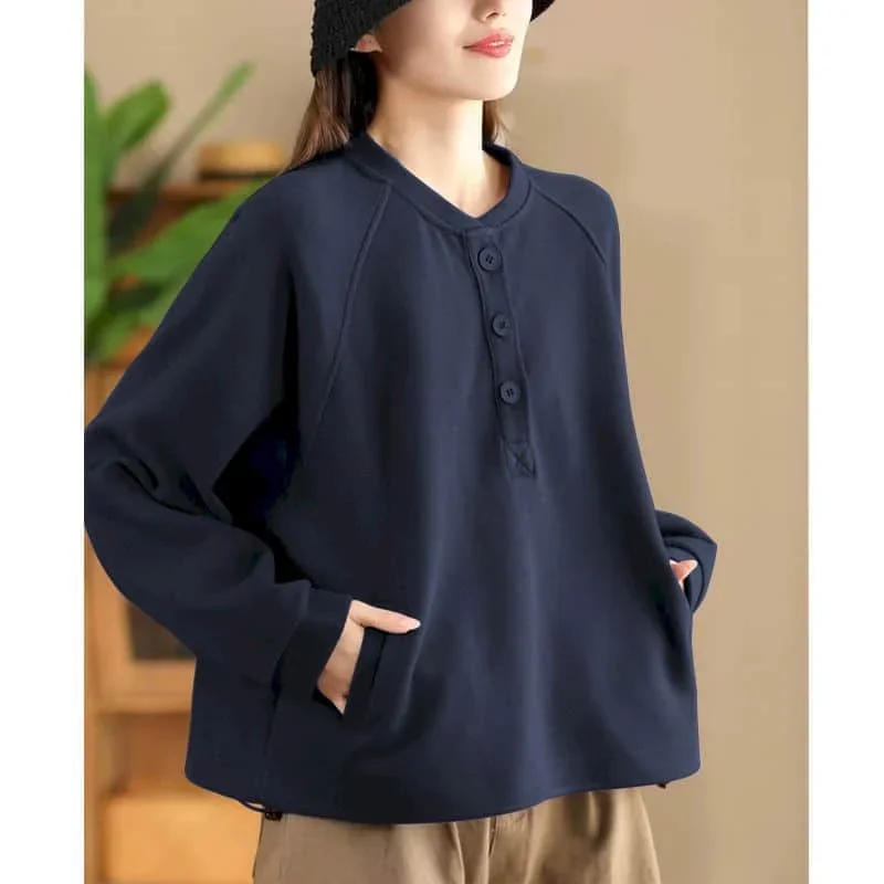 

Pop Solid Pullovers Vintage Button Design O-neck Casual Korean Style Long Sleeve Autumn Winter Aesthetic Clothing Streetwear Wom