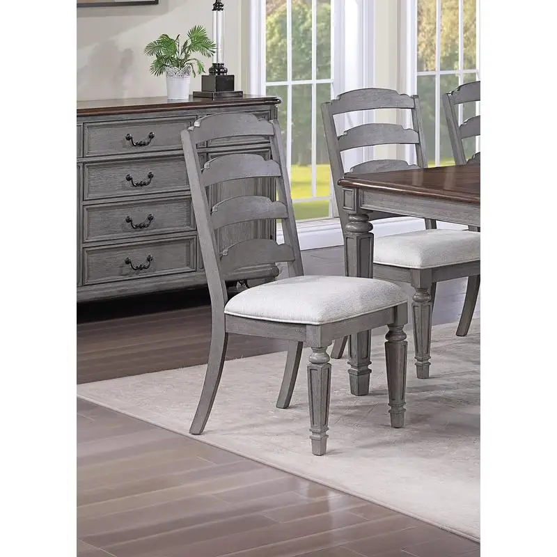 كراسي جانبية لغرفة الطعام مكونة من قطعتين باللون الرمادي الكلاسيكي مع ظهر سلم ومقعد وسادة