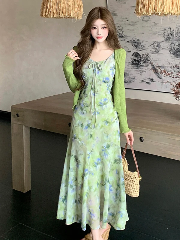 

Summer New Floral Gradient Strap Dress Knitted Waist Inling Two-Piece Set Chic V-Neck Sleeveless Anti-Wrinkle Mid-Length