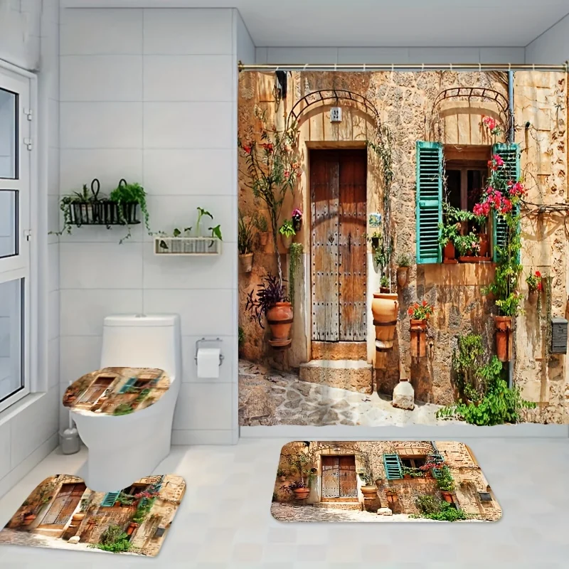 

4 шт., винтажный набор для ванной с европейскими пейзажами, деревенская занавеска для душа с принтом на двери и окна (179,83x179,83 см) с 12 крючками, унитаз