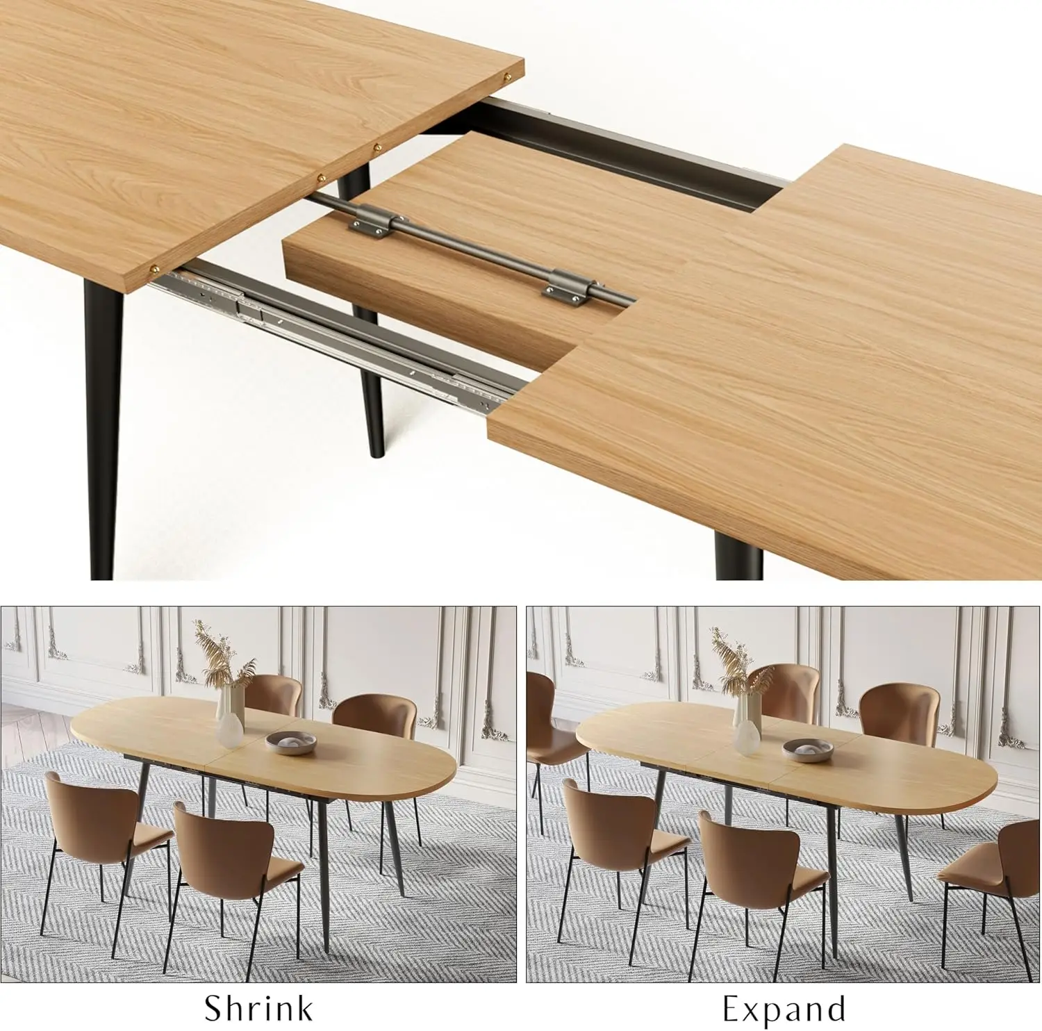 Mesa de comedor extensible de 75" x 32" - Tablero ovalado de madera con patas de metal, cocina de comedor extensible que ahorra espacio de 59" a 75"