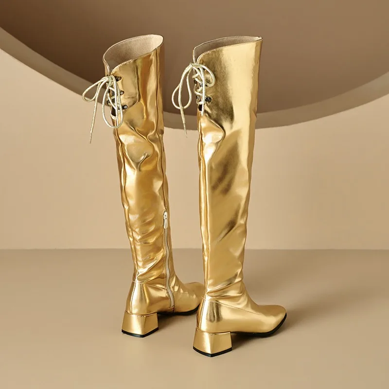 

Новые серебристо-золотые боковые сапоги выше колена с боковой молнией, модные женские короткие плюшевые осенне-зимние сапоги толщиной 4,5 см на низком каблуке 34-46