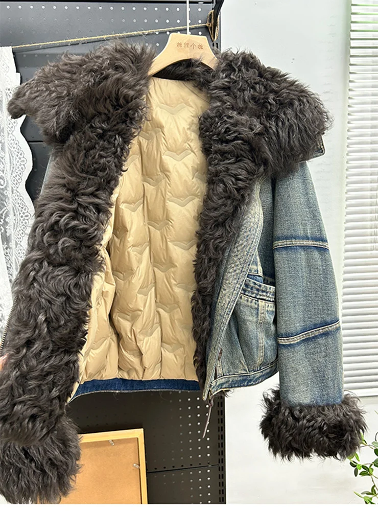 冬の新作リアルラムシープファーカラーカフスダウンジャケットショートカジュアルダウンウォームデニムジャケット女性用パーカーパファージャケット