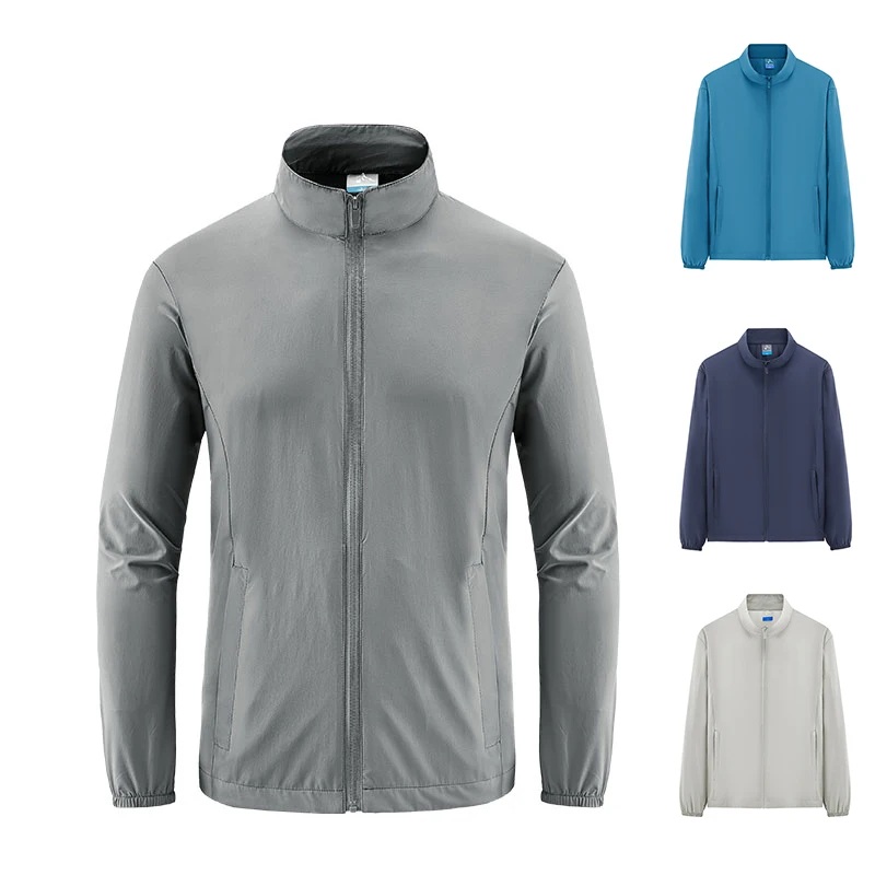 سترة رياضية خارجية للرجال للحماية من الشمس مقاومة للماء بلون سادة سترة جري للرجال للربيع والخريف بياقة واقفة سترة رياضية #1