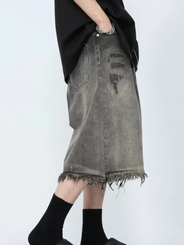 

Джинсы мужские шикарные летние рваные потертые джинсовые с кисточками универсальная лоскутная уличная одежда Harajuku до колена хип-хоп корейский стиль