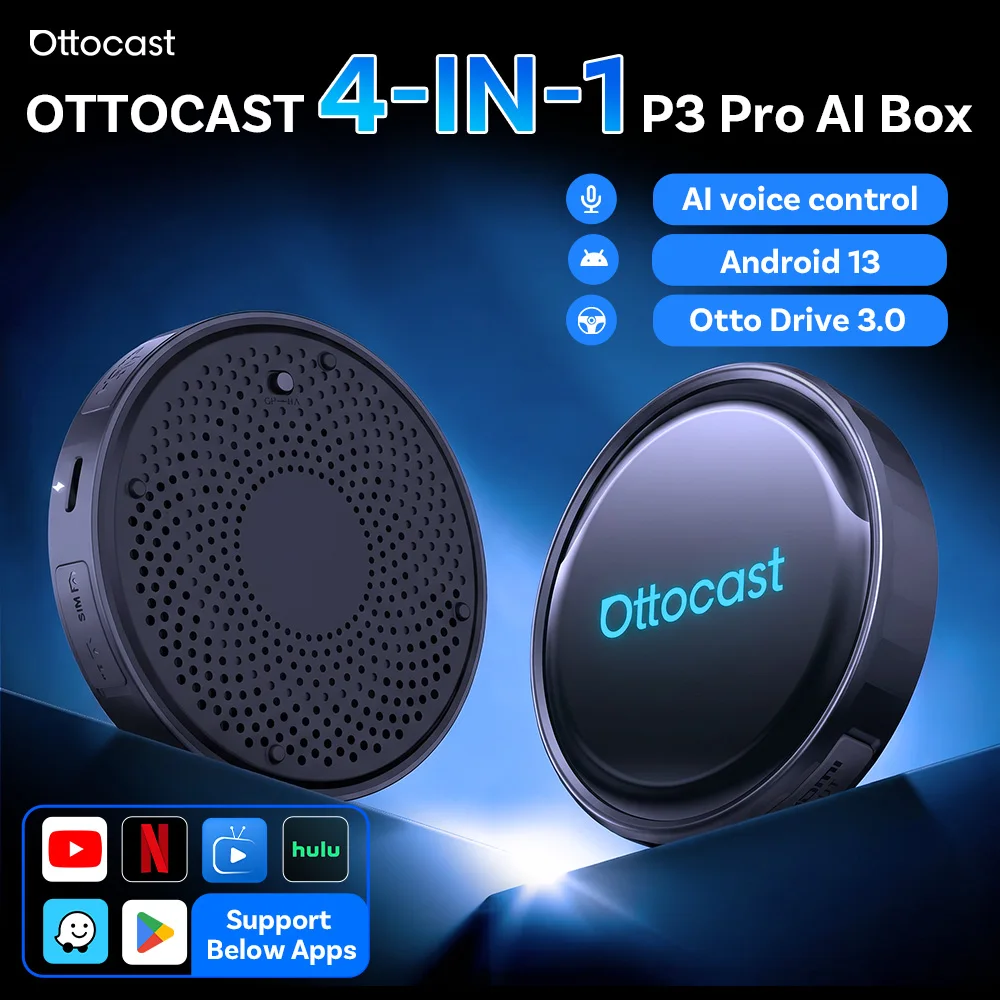 OTTOCAST P3 PRO Ai Box Android 13 TV Box Wireless CarPlay Android Auto Adapter AI Voice Assistant For YouTube Netflix TikTok Etc