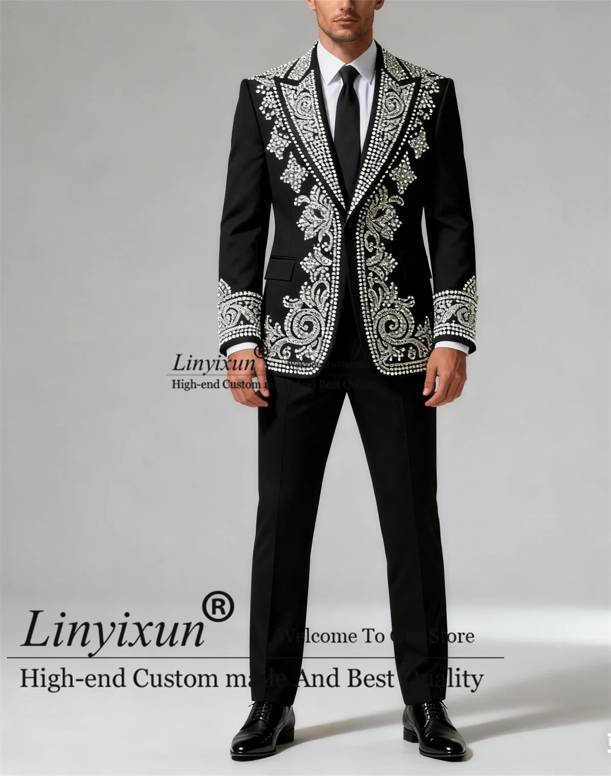 

Handmade Diamond Beaded Men Suits 2 Pieces Sets Groom Male Blazers Customized Slim Fit Wedding Tuxedos Peaked Lapel Ropa hombre