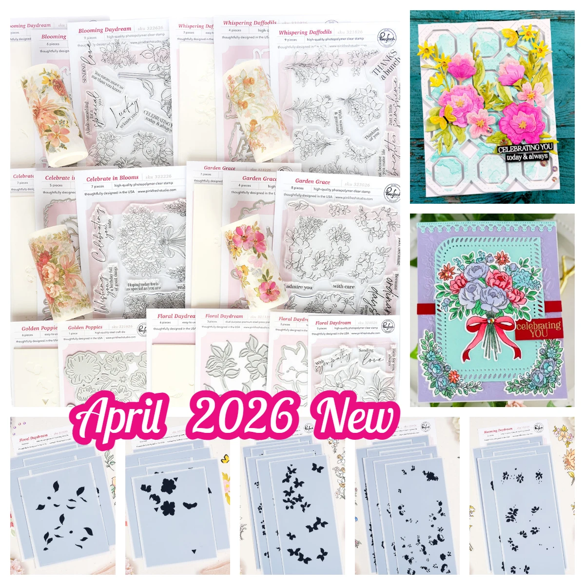 

Pink Fresh Celebrate in Blooms Whispering Daffodils Floral Daydream Stamp Dies Stencils DIY Florals Notion Story Lace 2026 April