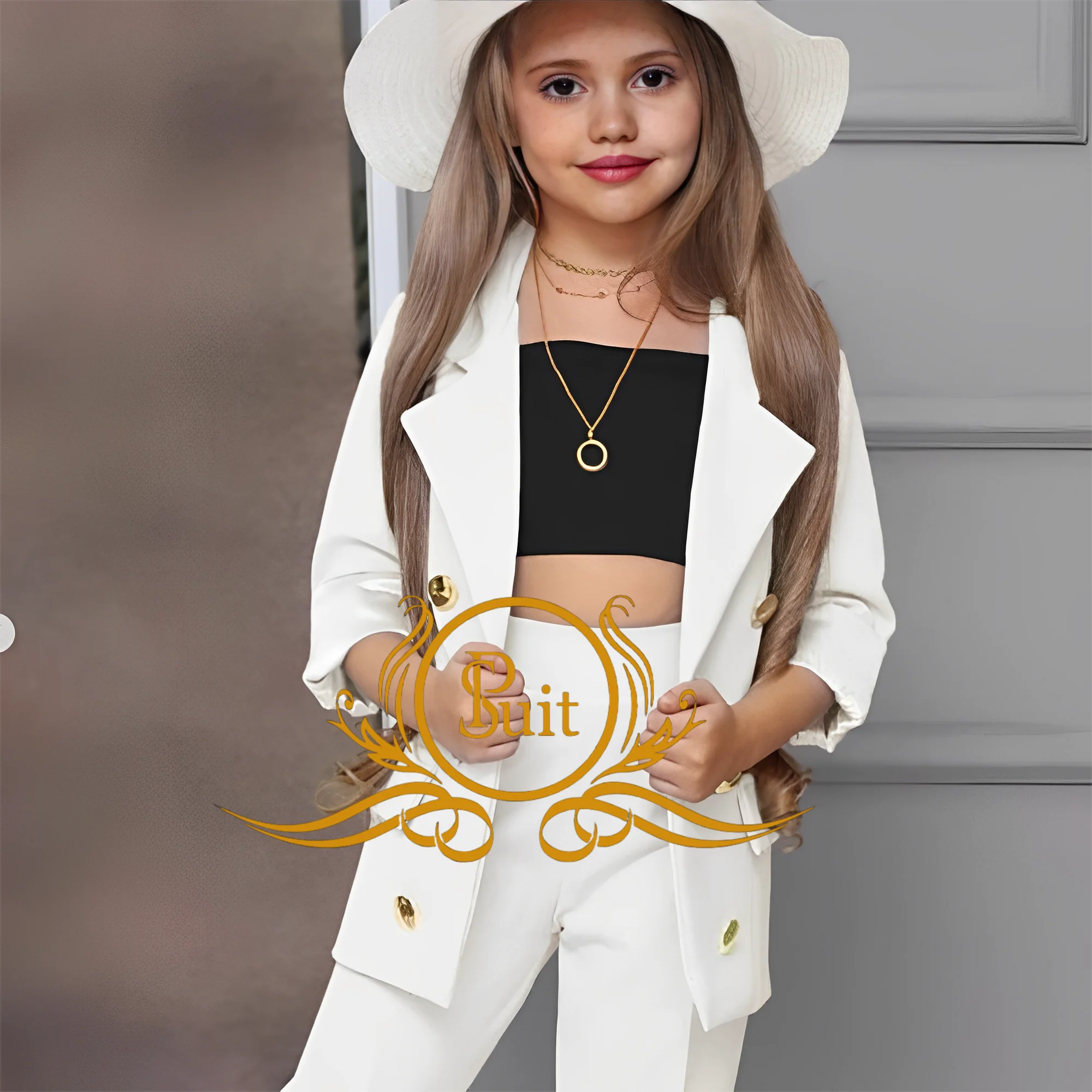 Girl Blazers Double Breasted Lapel Suits Fashion Kids Jacket+Pants Set Loose Formal Teenage Casual Outfit