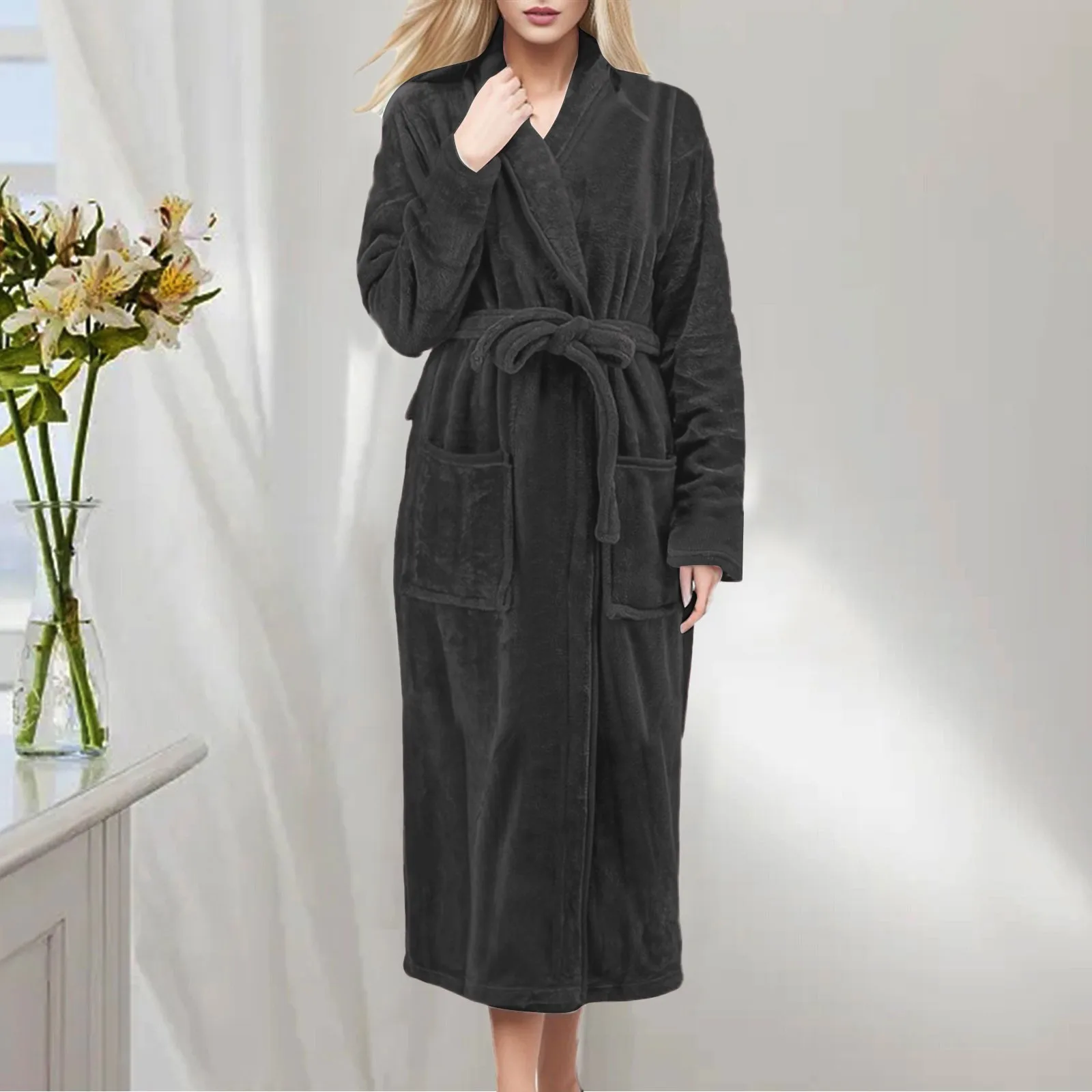 Women Winter Bathrobe Long Sleeve Warm Turn Down Collar Fluffy Bath Robe Women Solid Fleece Dressing Gown Winter Kimonos