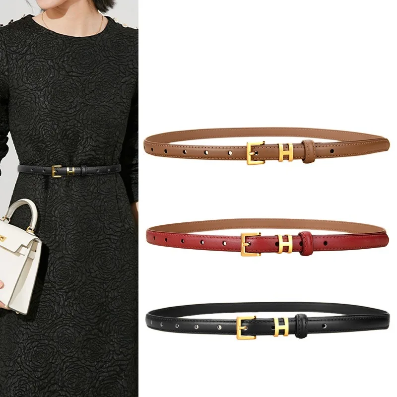 Ladies' Leather Thin Belt Fashionable and Versatile Cowhide Small Belt Decorative Dress Jeans Real Belt