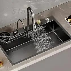 304 Stainless Steel Black Raindance Waterfall Kitchen Sink Large Single Bowl Wash Basin Sink Undercounter Topmount Faucet Drain