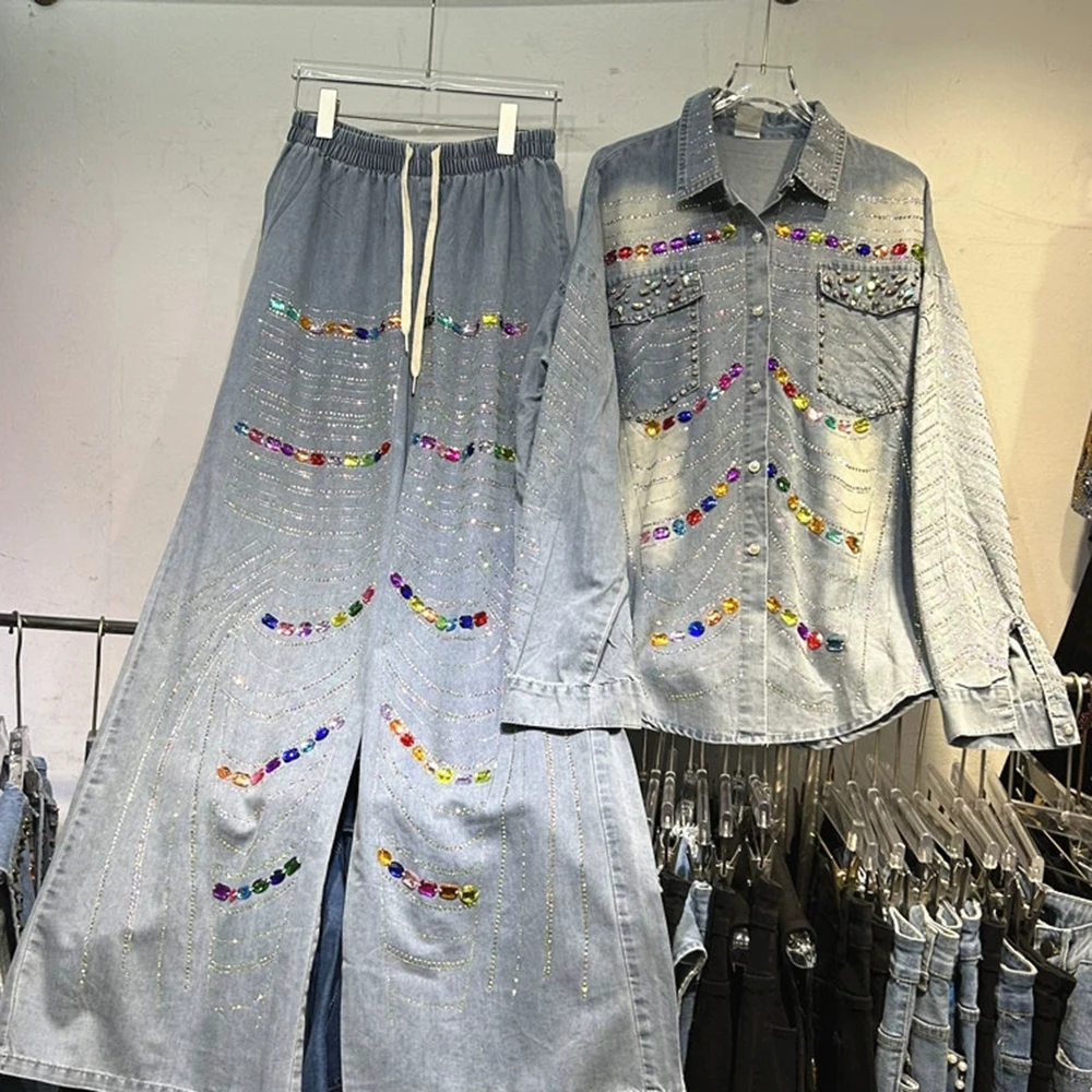 Conjunto de dos piezas de camisa vaquera de manga larga holgada con diamantes de color diamante caliente de diseño pesado + pantalones vaqueros-GZTZ039