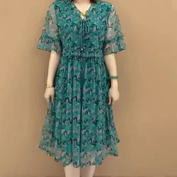 Fashion V-Neck Lace Up Bow Printed Ruffles Floral Dresses Women's Clothing Summer New Loose Butterfly Sleeve Elegant Dress