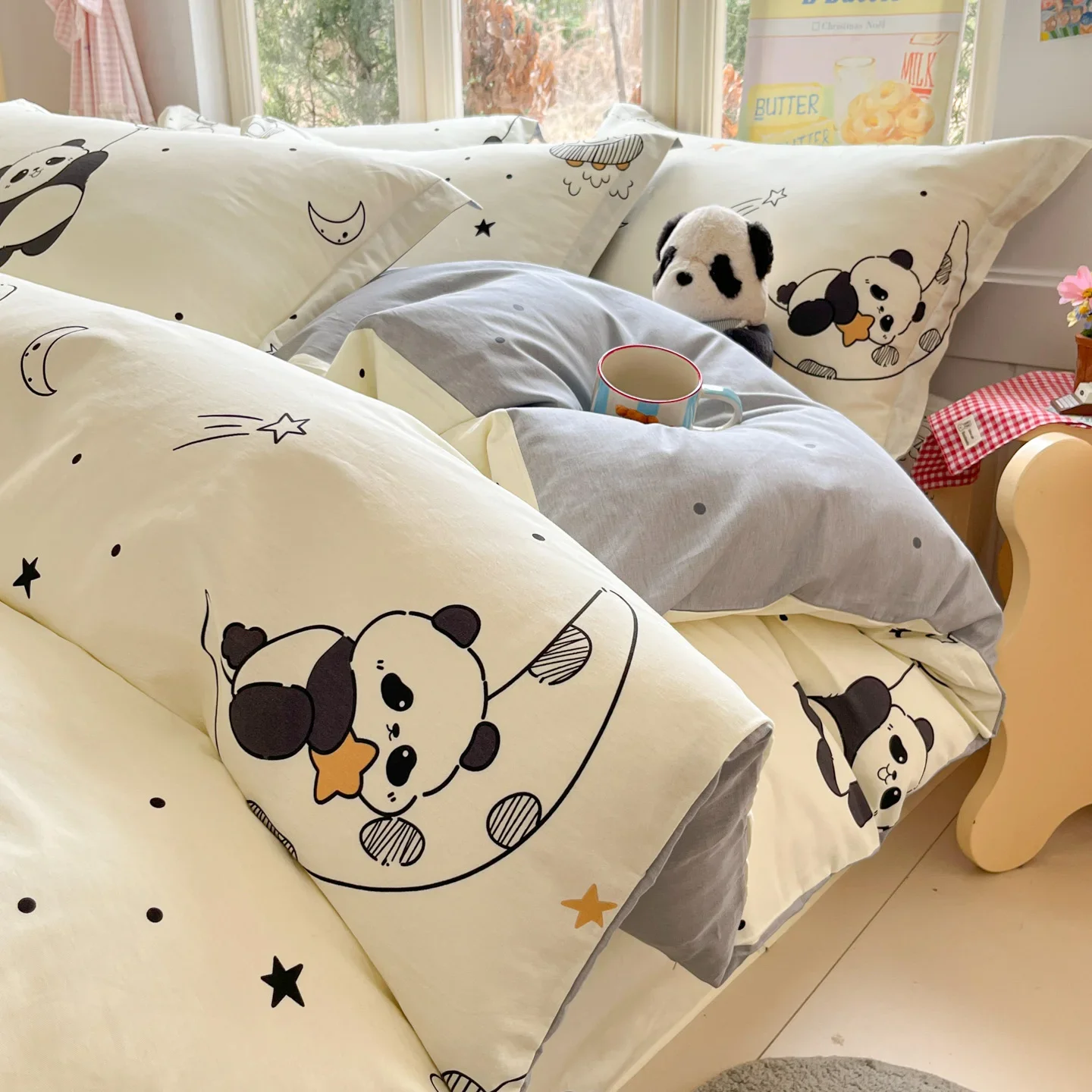 Autumn New 100% Cotton Bedding Set Cute Panda Pattern Queen Duvet Cover Set Soft Skin Friendly Single Double Quilt Covers 3/4pcs