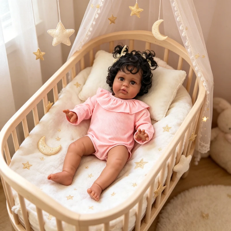 

23inch Silicone Baby Doll Reborn Dark Skin Girl Ellie with Curly Hair 58cm Same As Pictures Baby Doll