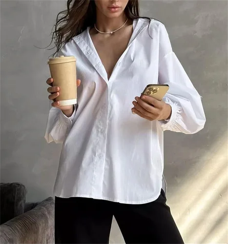 Imagen 2 del producto Camisas elegantes con temperamento para mujer, Tops lisos de un solo pecho con manga acampanada, blusa holgada y versátil para primavera y otoño, informal para oficina para mujer