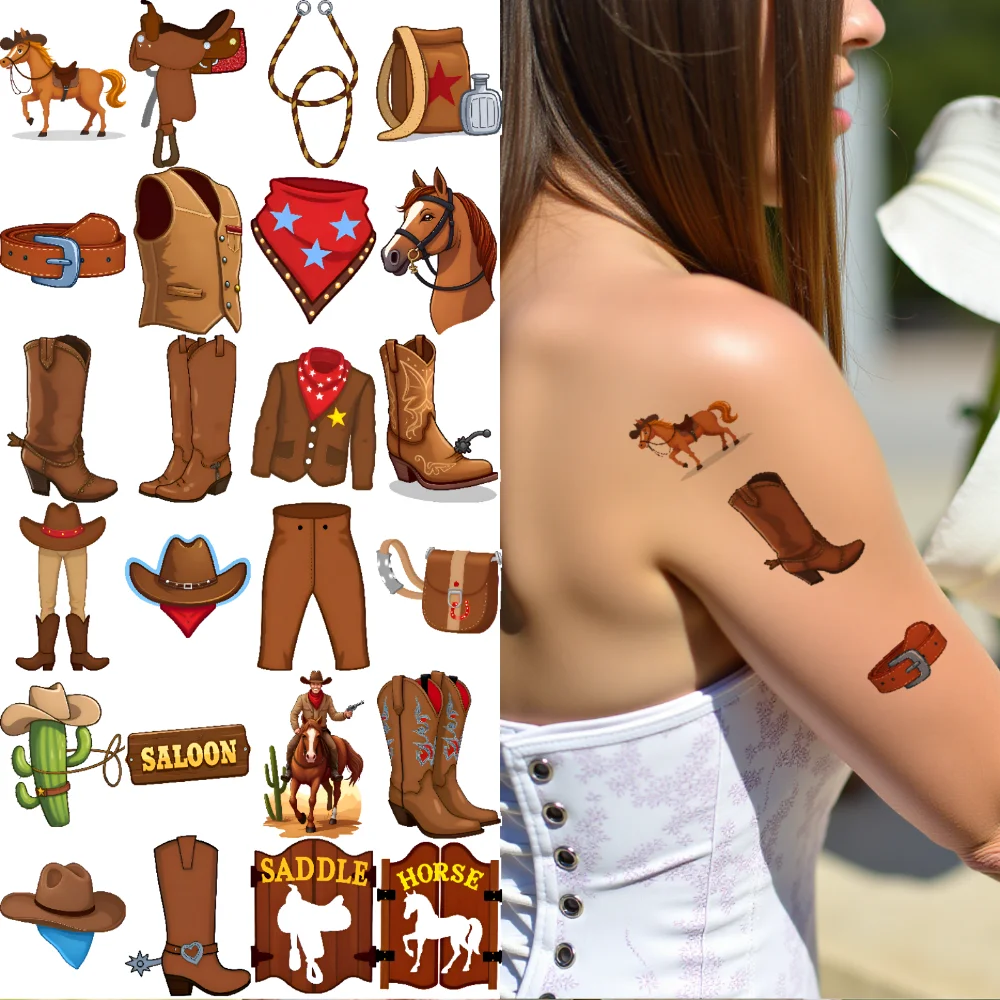 

63pcs Western Cowboy Temporary Tattoo Stickers Pistol Martin Boots Body Art Arm Fake Tattoos Waterproof Disposable Chest Tatoo