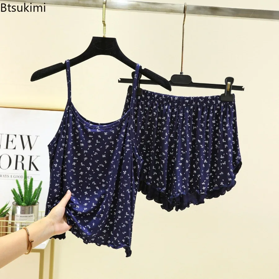 

2026 комплект шорт-бретелька из модала с цветочным принтом, женская летняя новая легкая повседневная домашняя одежда, комплект из двух предметов, удобная повседневная одежда для сна